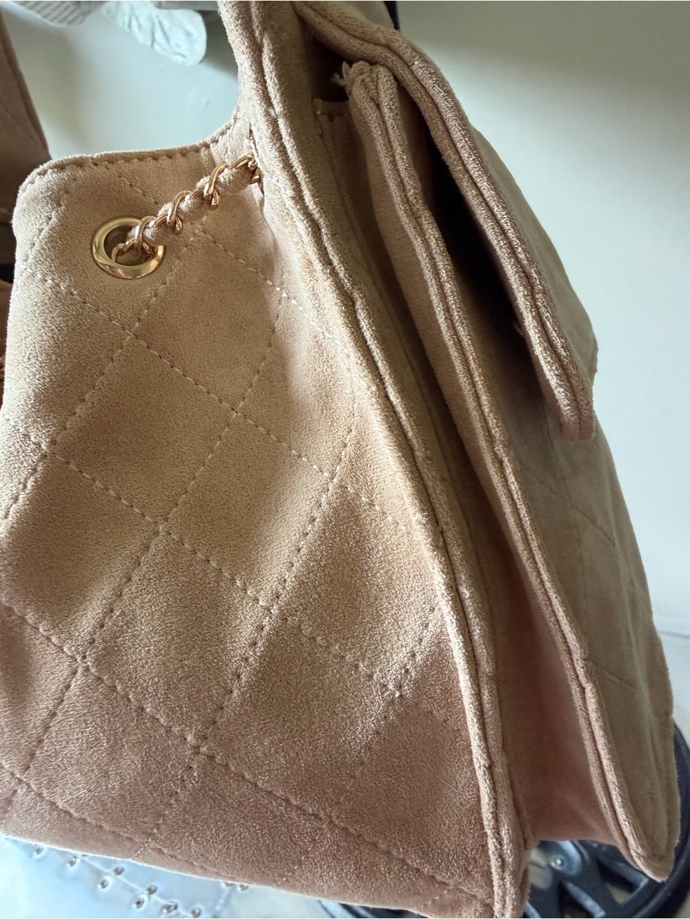 Suede Quilted Drawstring Shoulder Bag in Beige - Picture 3 of 15
